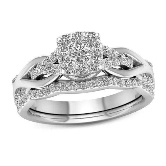 5/8 CT. T.w. Diamond Square Frame Knot Shank Bridal Set in 14K White Gold