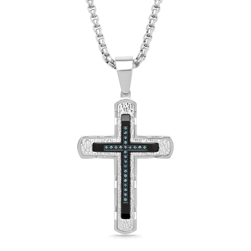 Men S Shaquille O Neal 1 8 Ct T W Enhanced Blue Diamond And T W Enhanced Blue Diamond And Textured Cross Pendant In Two Tone Stainless Steel 24