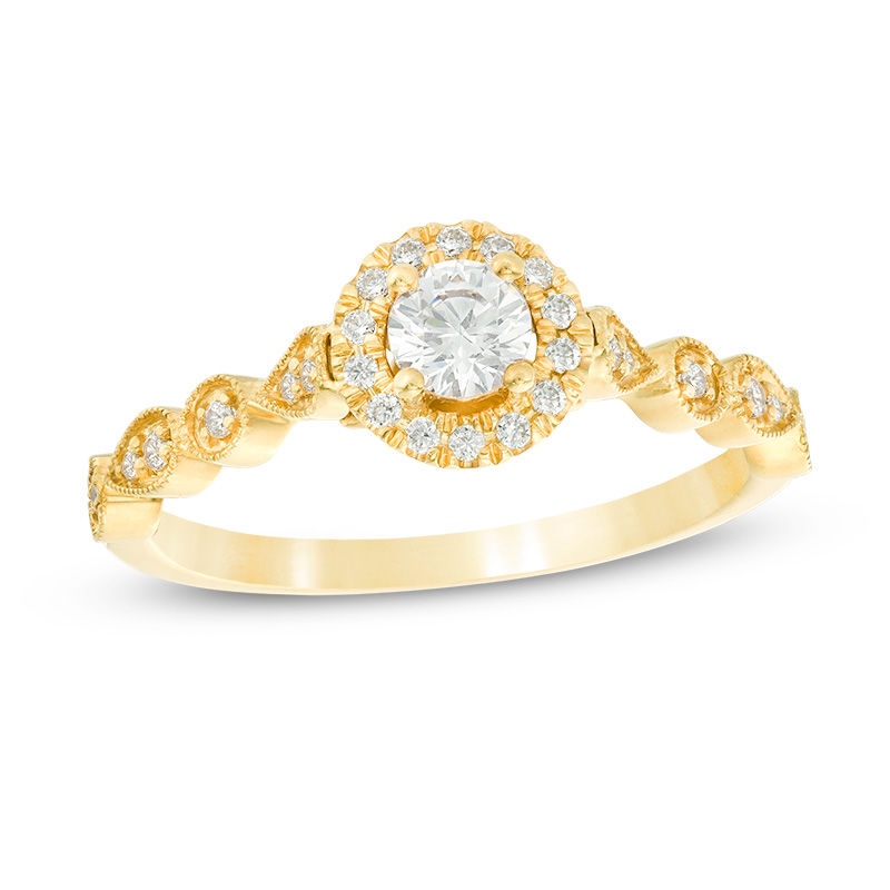 3/8 CT. T.W. Diamond Frame Alternating Shaped Shank Vintage-Style Engagement Ring in 14K Gold