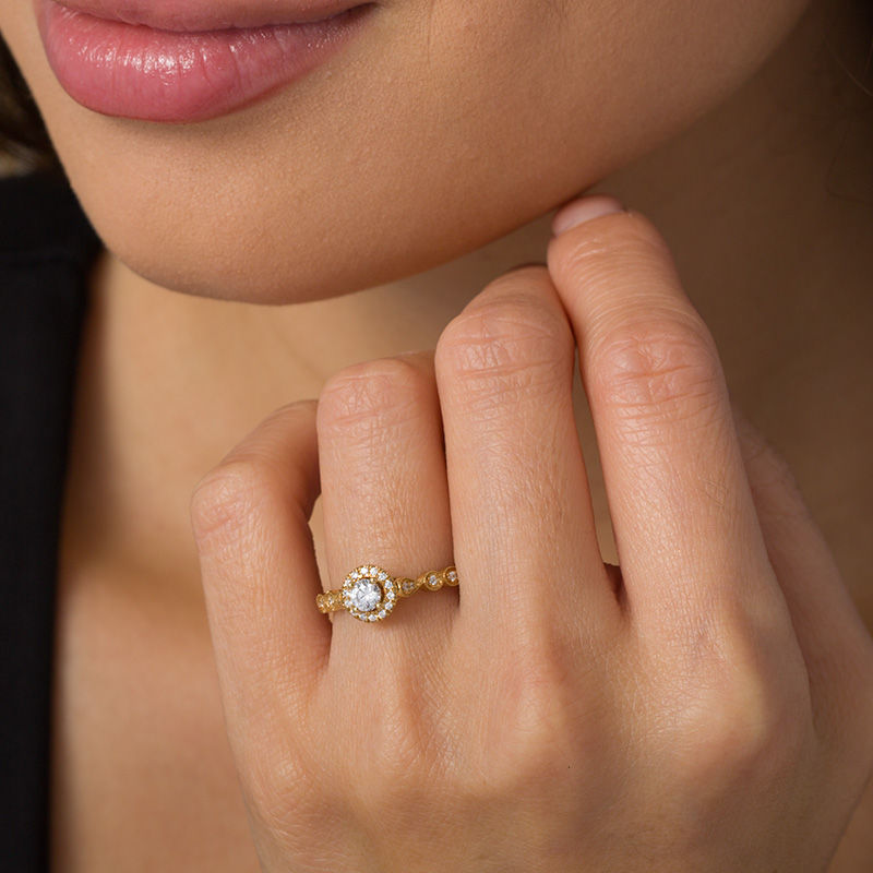 Main Image 2 of 3/8 CT. T.W. Diamond Frame Alternating Shaped Shank Vintage-Style Engagement Ring in 14K Gold