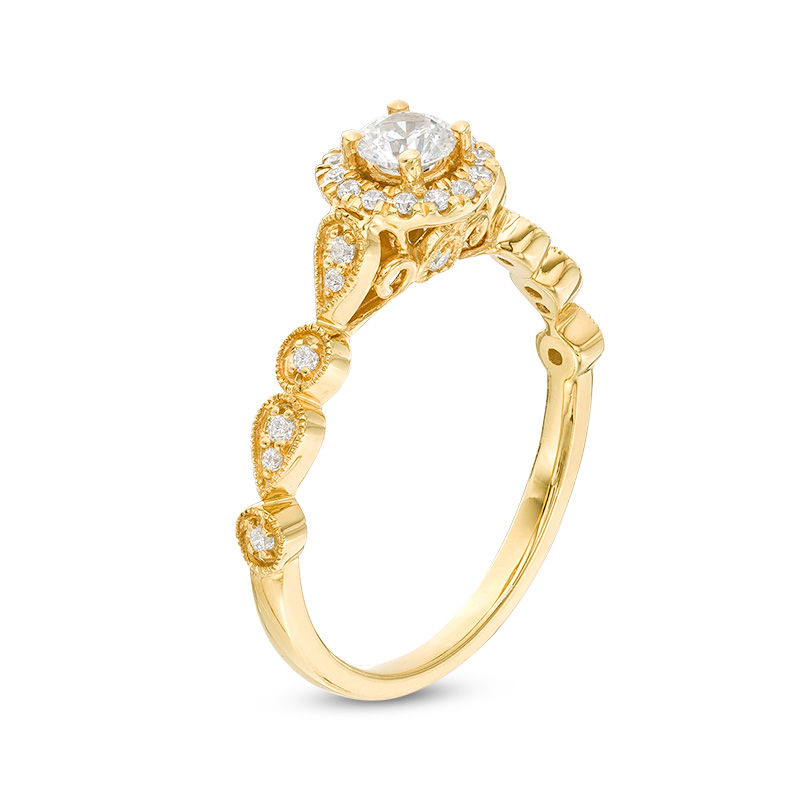 3/8 CT. T.W. Diamond Frame Alternating Shaped Shank Vintage-Style Engagement Ring in 14K Gold