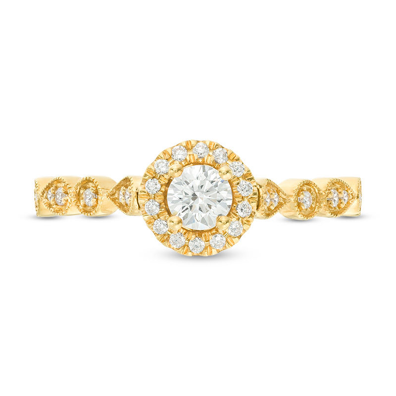 Main Image 4 of 3/8 CT. T.W. Diamond Frame Alternating Shaped Shank Vintage-Style Engagement Ring in 14K Gold