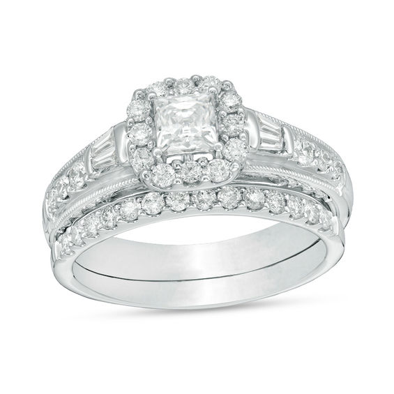 1 CT. T.w. Certified Princess-Cut Diamond Frame Vintage-Style Bridal Set in 14K White Gold (I/I1)
