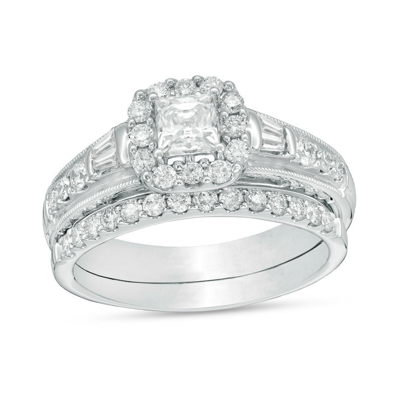 1 CT. T.W. Certified Princess-Cut Diamond Frame Vintage-Style Bridal Set in 14K White Gold (I/I1)