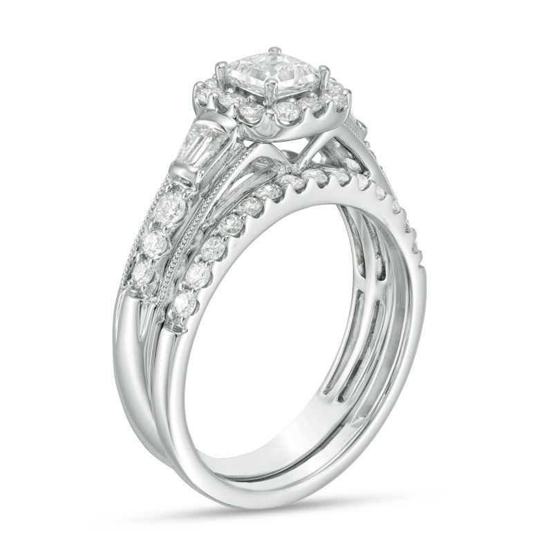 1 CT. T.W. Certified Princess-Cut Diamond Frame Vintage-Style Bridal Set in 14K White Gold (I/I1)