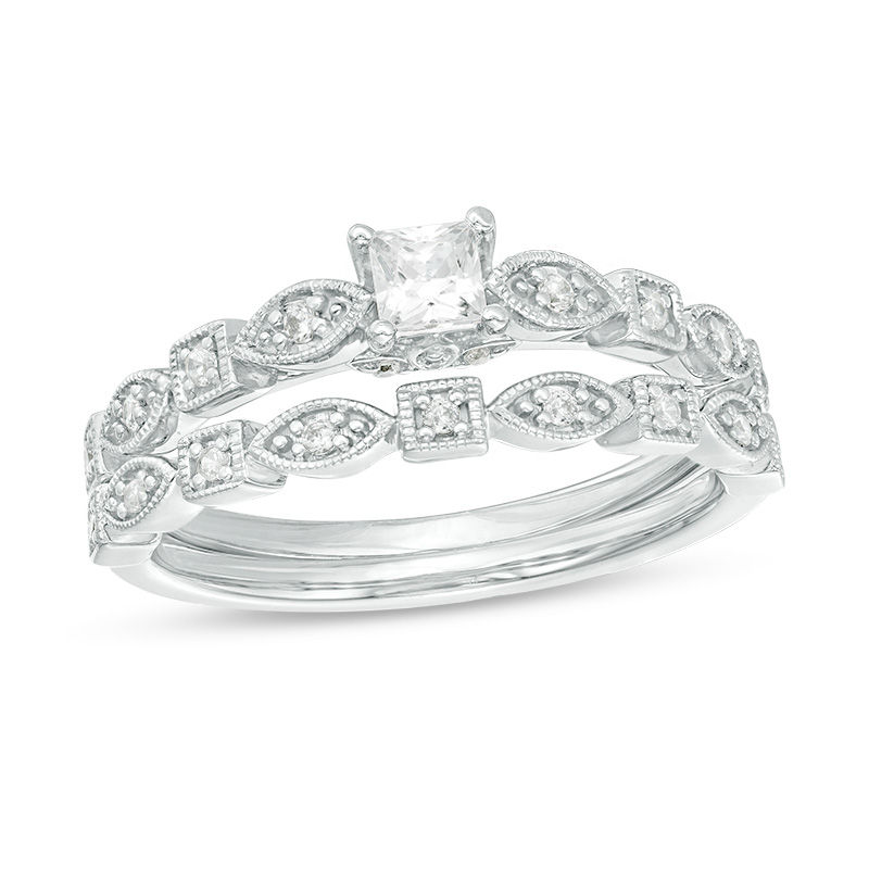 Main Image 1 of 3/8 CT. T.W. Princess-Cut Diamond Alternating Shaped Shank Vintage-Style Bridal Set in 14K White Gold
