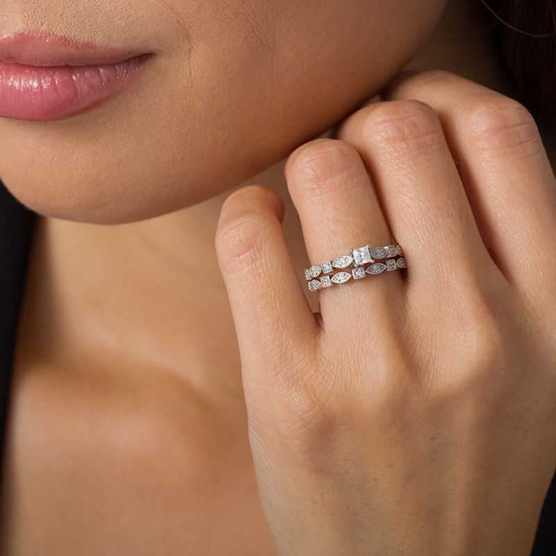 Main Image 2 of 3/8 CT. T.W. Princess-Cut Diamond Alternating Shaped Shank Vintage-Style Bridal Set in 14K White Gold