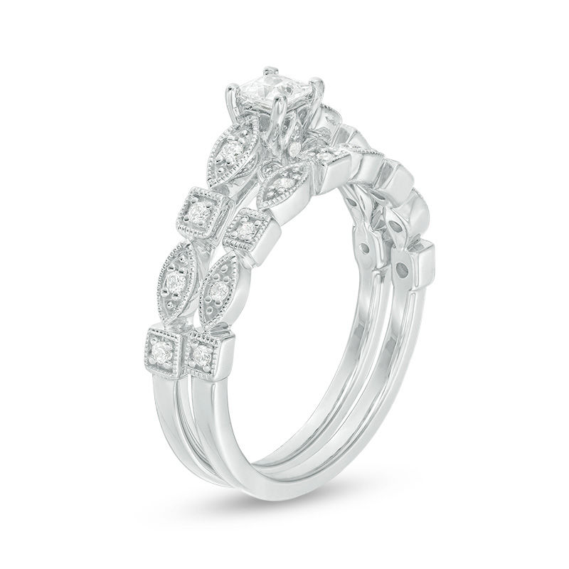 Main Image 3 of 3/8 CT. T.W. Princess-Cut Diamond Alternating Shaped Shank Vintage-Style Bridal Set in 14K White Gold