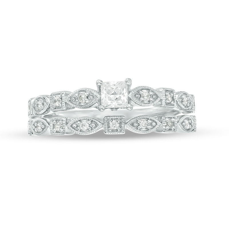 Main Image 4 of 3/8 CT. T.W. Princess-Cut Diamond Alternating Shaped Shank Vintage-Style Bridal Set in 14K White Gold