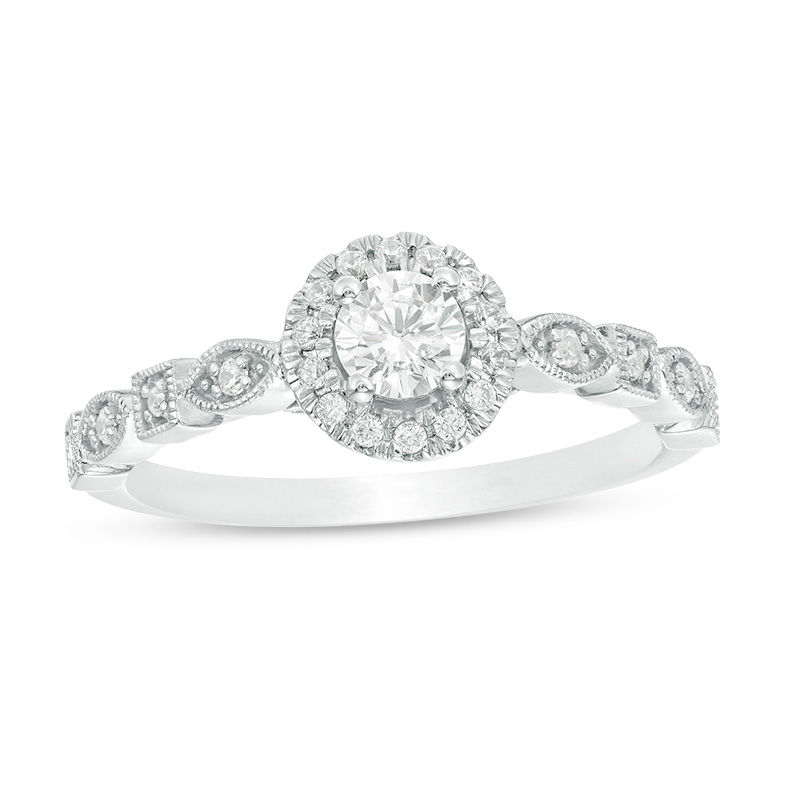 3/8 CT. T.W. Diamond Frame Alternating Shaped Shank Vintage-Style Engagement Ring in 14K White Gold