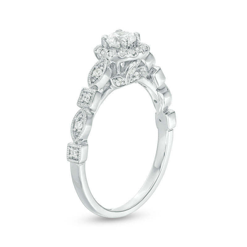 3/8 CT. T.W. Diamond Frame Alternating Shaped Shank Vintage-Style Engagement Ring in 14K White Gold