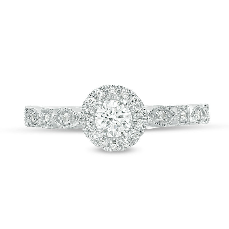 3/8 CT. T.W. Diamond Frame Alternating Shaped Shank Vintage-Style Engagement Ring in 14K White Gold