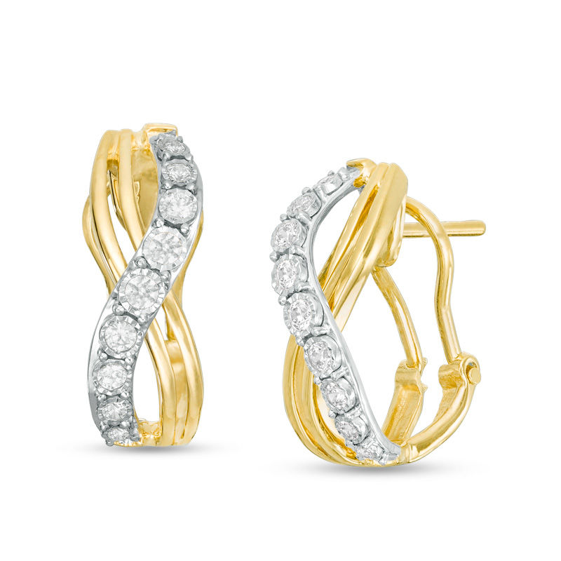 Main Image 1 of 1/4 CT. T.W. Diamond Crossover Hoop Earrings in 10K Two-Tone Gold