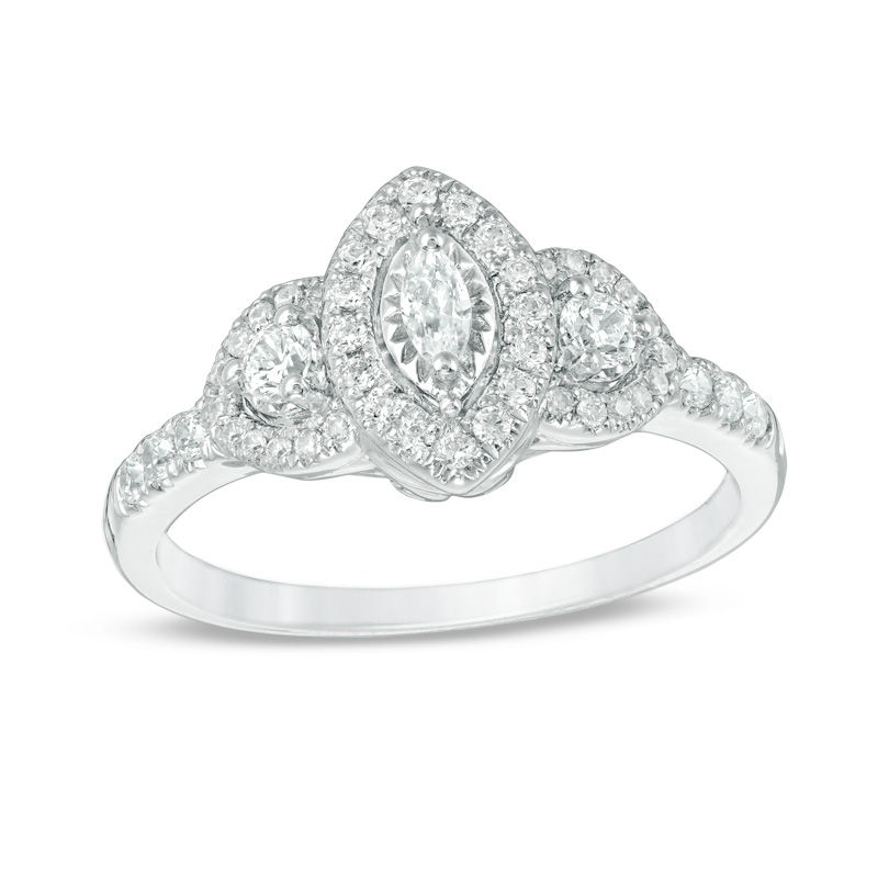 1/2 CT. T.W. Marquise Diamond Past Present Future® Frame Engagement Ring in 14K White Gold