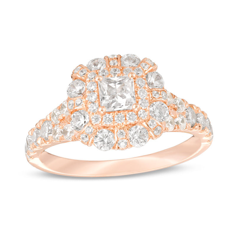 Main Image 1 of 1-1/2 CT. T.W. Princess-Cut Diamond Double-Frame Engagement Ring in 14K Rose Gold