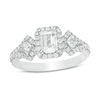 Thumbnail Image 1 of 1-1/8 CT. T.W. Certified Emerald-Cut Diamond Past Present Future® Frame Engagement Ring in 14K White Gold (I/I1)
