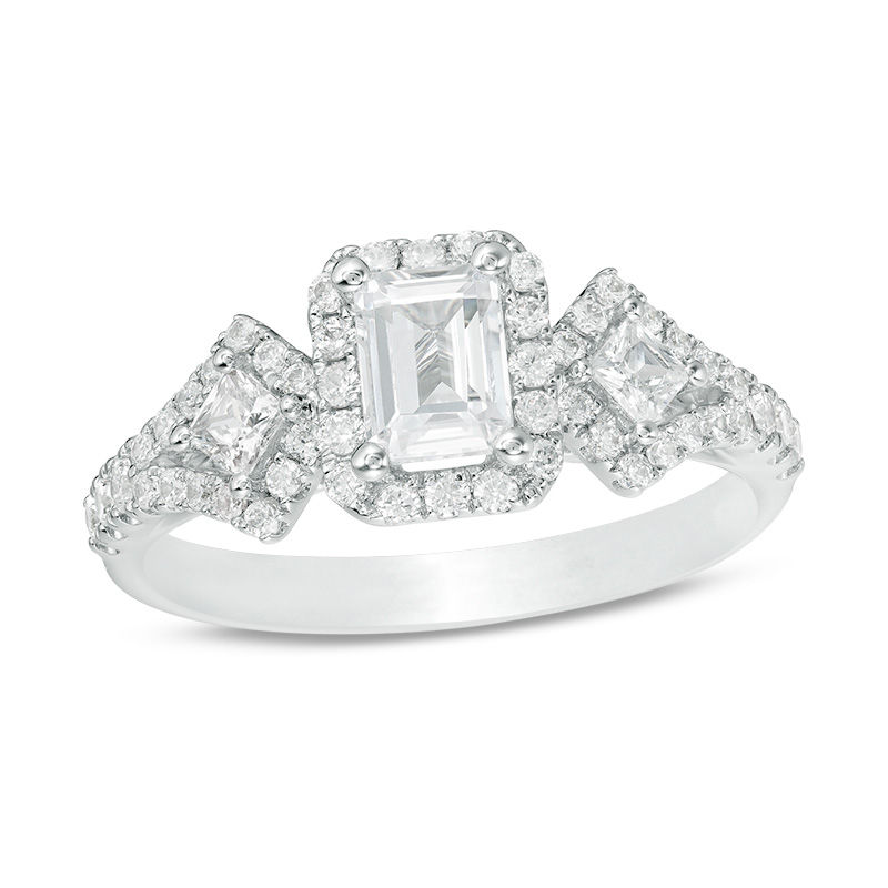 1-1/8 CT. T.W. Certified Emerald-Cut Diamond Past Present Future® Frame Engagement Ring in 14K White Gold (I/I1)