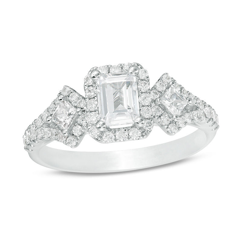 Main Image 1 of 1-1/8 CT. T.W. Certified Emerald-Cut Diamond Past Present Future® Frame Engagement Ring in 14K White Gold (I/I1)