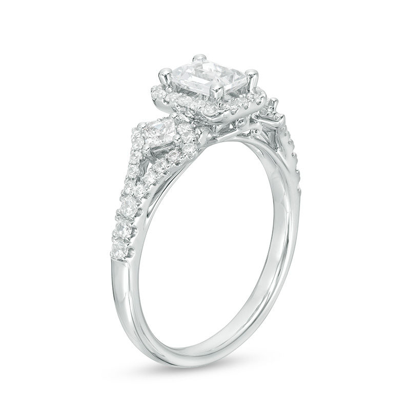 1-1/8 CT. T.W. Certified Emerald-Cut Diamond Past Present Future® Frame Engagement Ring in 14K White Gold (I/I1)