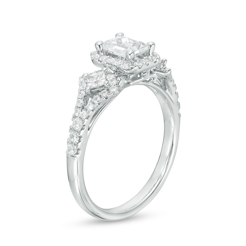 Main Image 2 of 1-1/8 CT. T.W. Certified Emerald-Cut Diamond Past Present Future® Frame Engagement Ring in 14K White Gold (I/I1)