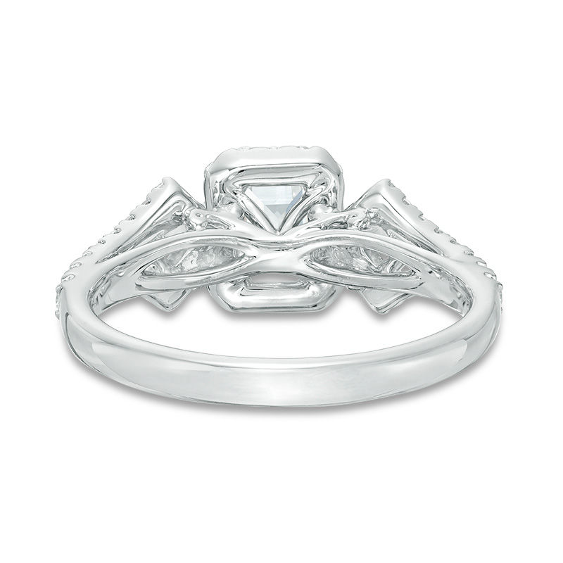 Main Image 3 of 1-1/8 CT. T.W. Certified Emerald-Cut Diamond Past Present Future® Frame Engagement Ring in 14K White Gold (I/I1)