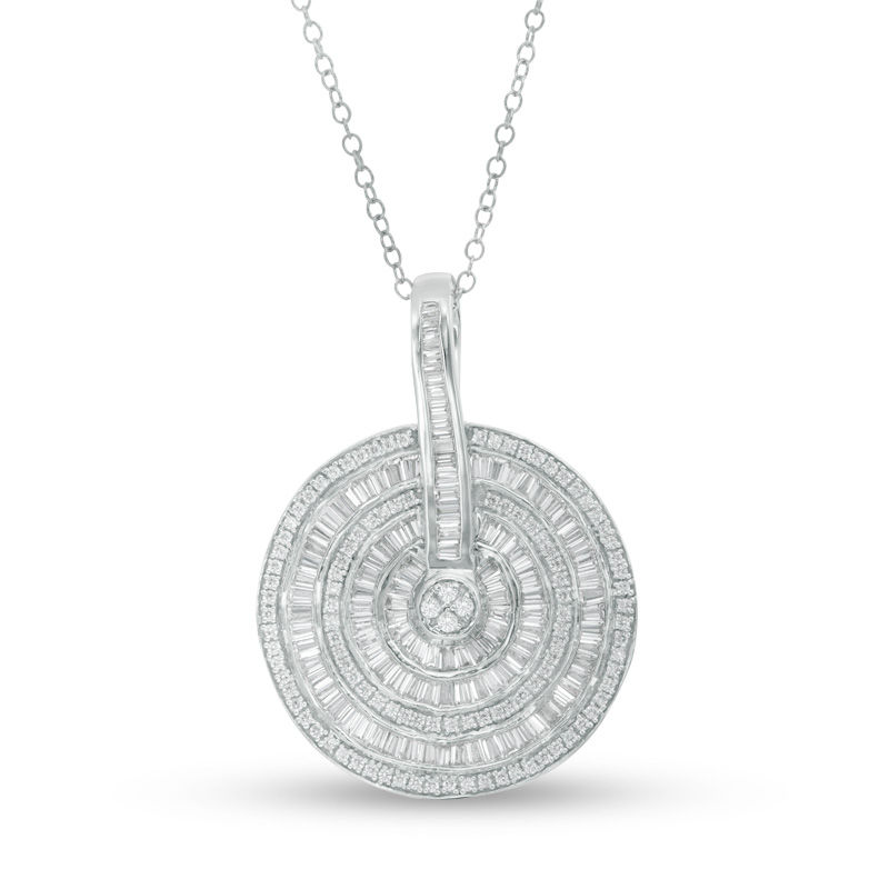 Main Image 1 of 1-7/8 CT. T.W. Baguette and Round Diamond Multi-Frame Wavy Pendant in 14K White Gold