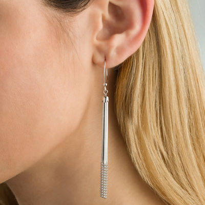 925 Sterling Silver Strawberry Crystal Beads Tassel Long Line Dangle Earrings