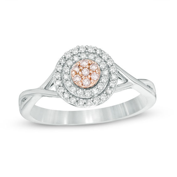 1/4 CT. T.w. Pink and White Composite Diamond Double Frame Twist Ring in 10K Two-Tone Gold