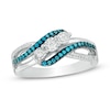 Thumbnail Image 1 of 1/3 CT. T.W. Enhanced Blue and White Diamond Three Stone Bypass Ring in Sterling Silver