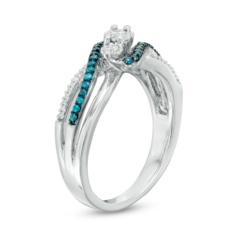 Main Image 2 of 1/3 CT. T.W. Enhanced Blue and White Diamond Three Stone Bypass Ring in Sterling Silver