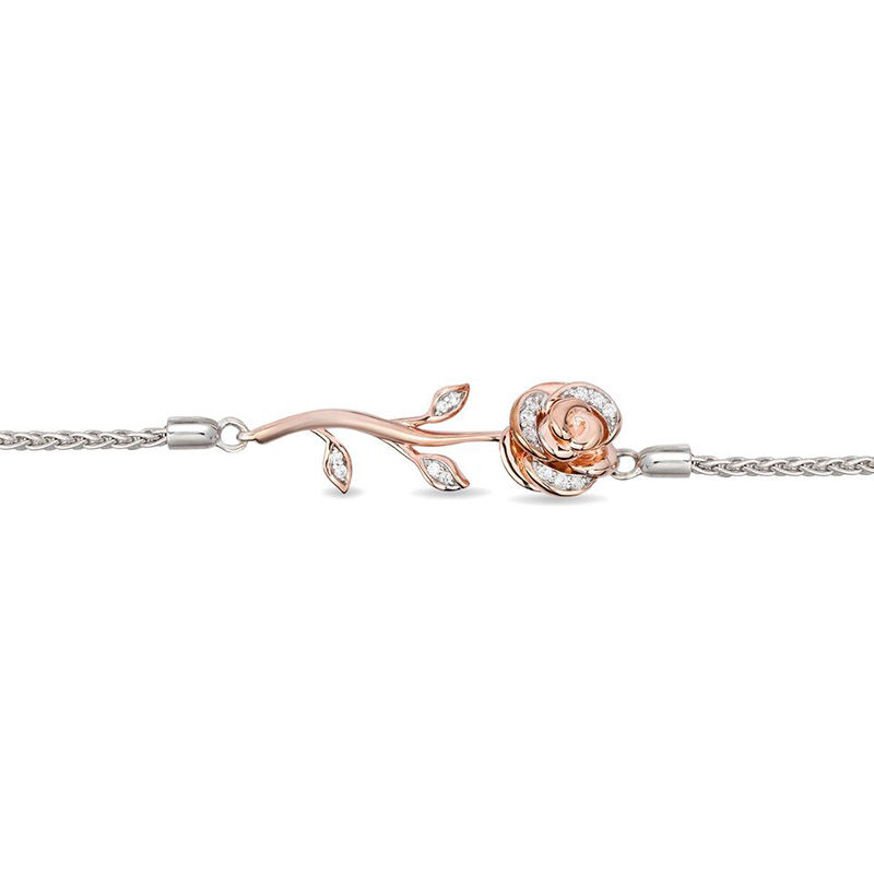 Enchanted Disney Belle 1/10 CT. T.W. Diamond Rose Bolo Bracelet in Sterling Silver and 10K Rose Gold - 8.5"