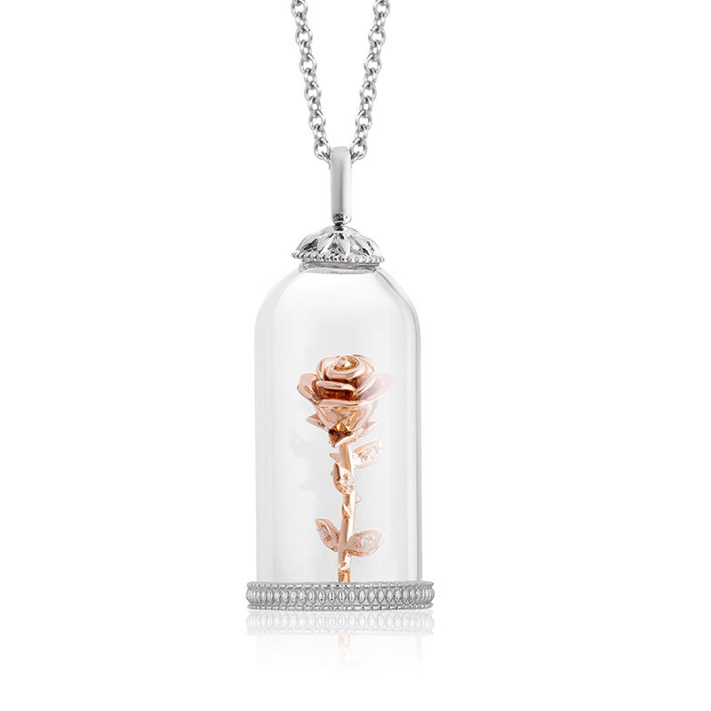 Enchanted Disney Belle Diamond Accent Rose in Glass Dome Pendant in Sterling Silver and 10K Rose Gold - 24"