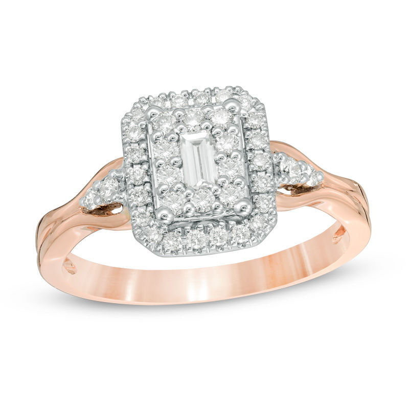 Main Image 1 of 3/8 CT. T.W. Baguette Diamond Double Frame Engagement Ring in 10K Two-Tone Gold