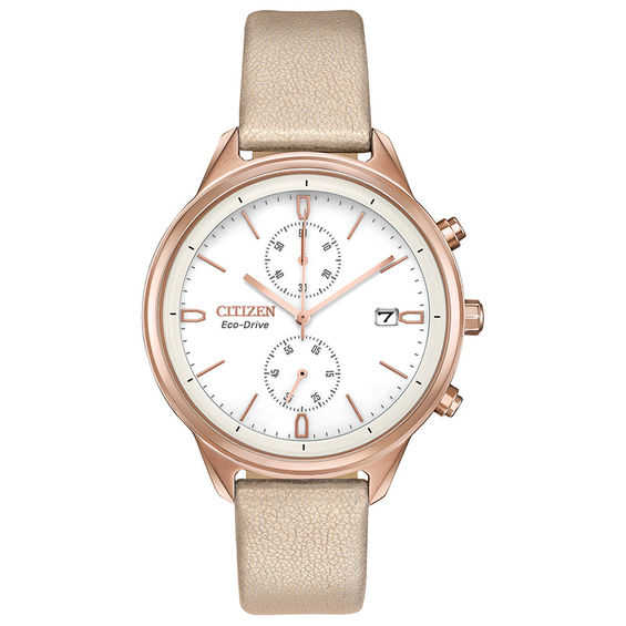 Ladies' Citizen Eco-DriveÂ® Chandler Rose-Tone IP Chronograph Strap Watch with White Dial (Model: Fb2003-05A)