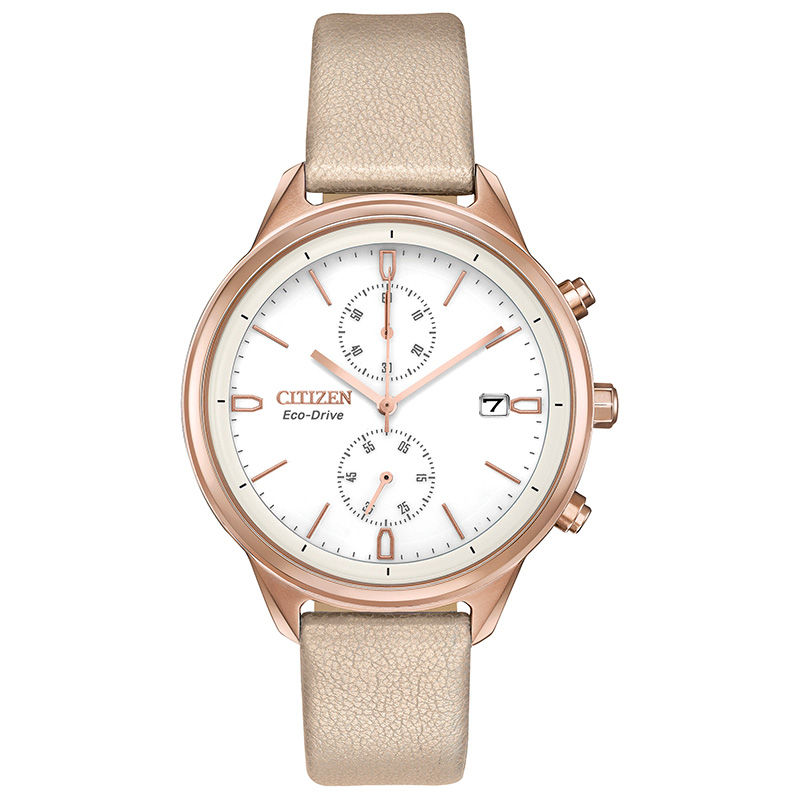 Main Image 1 of Ladies' Citizen Eco-Drive® Chandler Rose-Tone IP Chronograph Strap Watch with White Dial (Model: FB2003-05A)