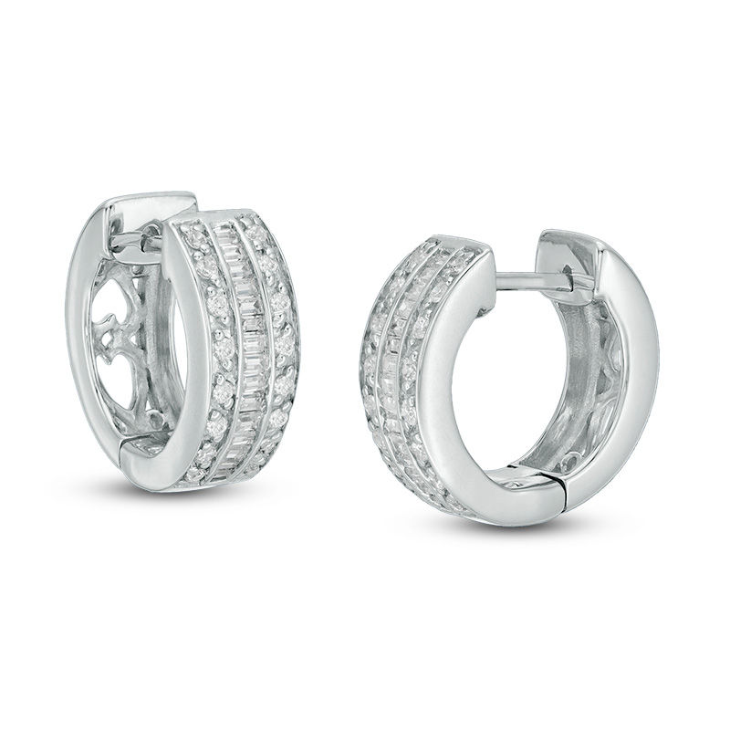 1/3 CT. T.W. Baguette and Round Diamond Multi-Row Huggie Hoop Earrings in 14K White Gold