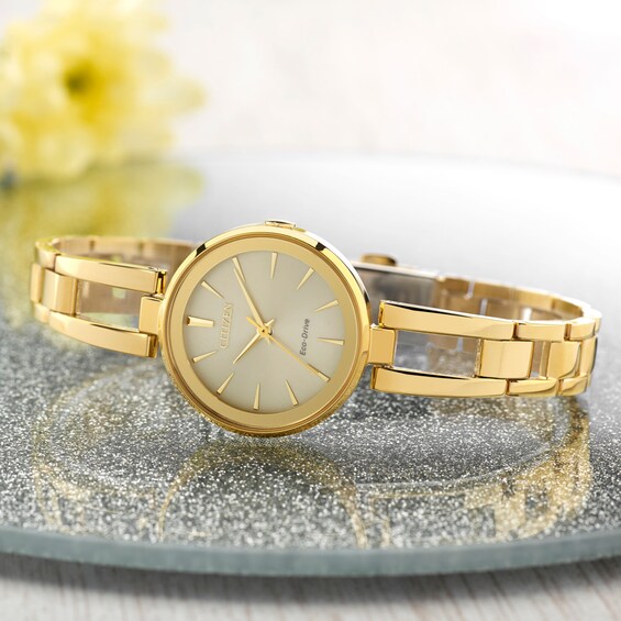 Ladies' Citizen Eco-DriveÂ® Axiom Gold-Tone Bangle Watch with Champagne Dial (Model: Em0638-50P)