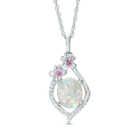 Oval Lab-Created Opal, Pink and White Sapphire Flame Frame Floral ...