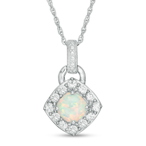 6.0mm Cushion-Cut Lab-Created Opal and White Sapphire Frame Vintage-Style Doorknocker Pendant in Sterling Silver 6.0mm Cushion-Cut Lab-Created Opal and White Sapphire Frame Vintage-Style Doorknocker Pendant in Sterling Silver
