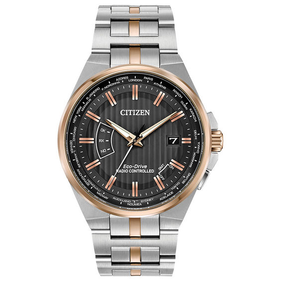 Men's Citizen Eco-Drive® World Perpetual A-T Two-Tone Watch with Grey Dial (Model: Cb0166-54H)