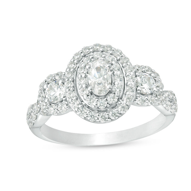 Main Image 1 of 1 CT. T.W. Certified Oval Diamond Past Present Future® Frame Engagement Ring in 14K White Gold (I/I1)