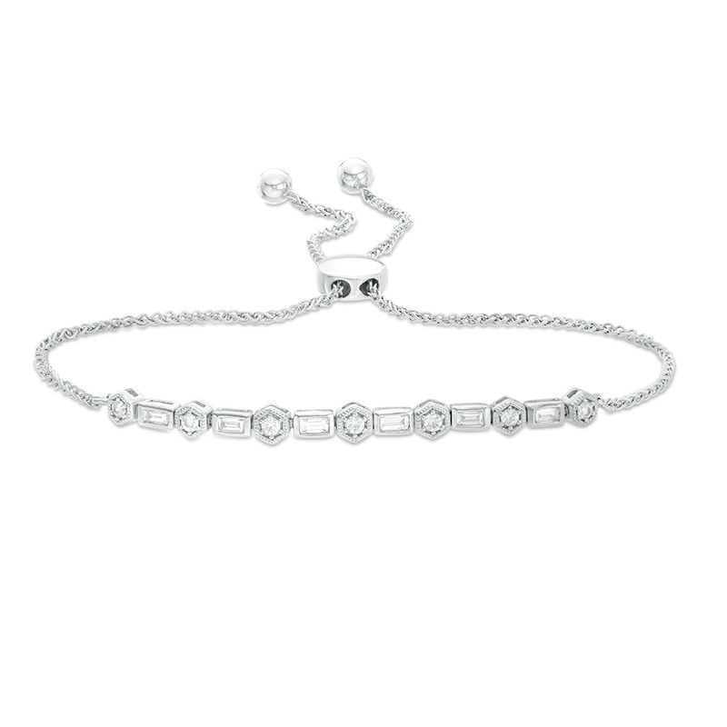 Main Image 1 of 1/3 CT. T.W. Baguette and Round Diamond Vintage-Style Bolo Bracelet in Sterling Silver - 9.0"