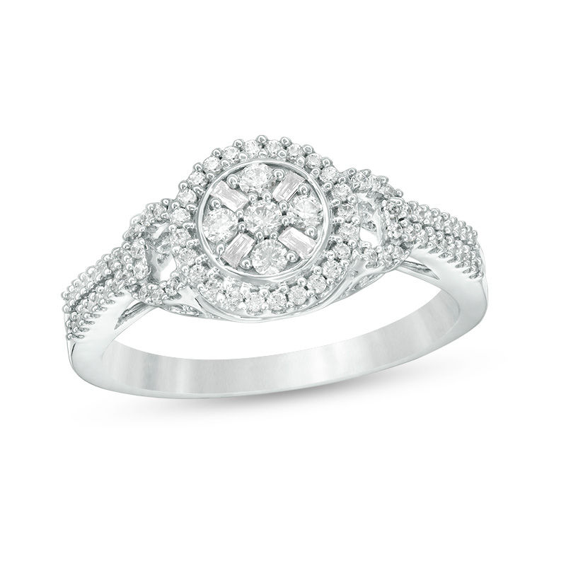 Main Image 1 of 1/3 CT. T.W. Baguette and Round Composite Diamond Buckle Frame Ring is 10K White Gold