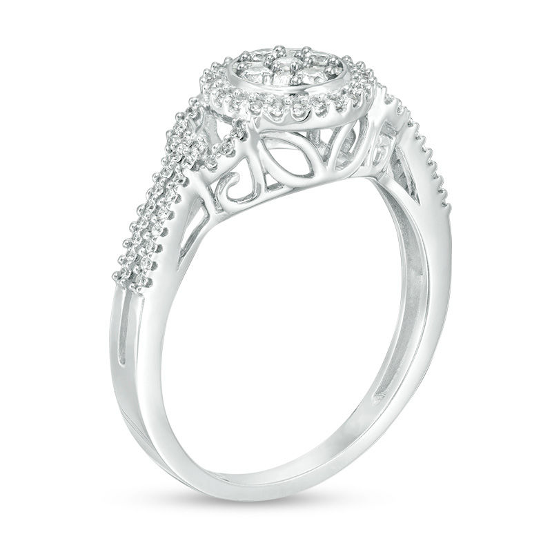 Main Image 2 of 1/3 CT. T.W. Baguette and Round Composite Diamond Buckle Frame Ring is 10K White Gold