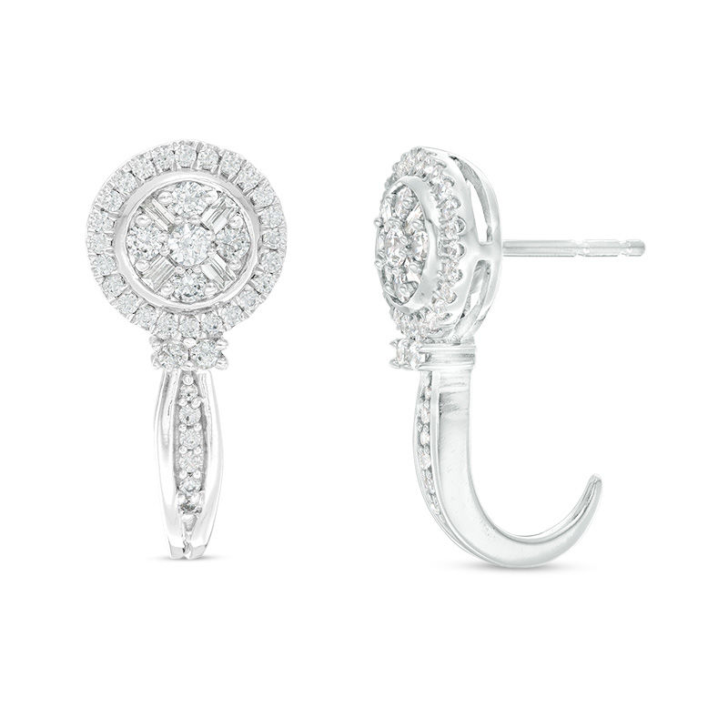 Main Image 1 of 1/2 CT. T.W. Baguette and Round Composite Diamond J-Hoop Earrings in 10K White Gold