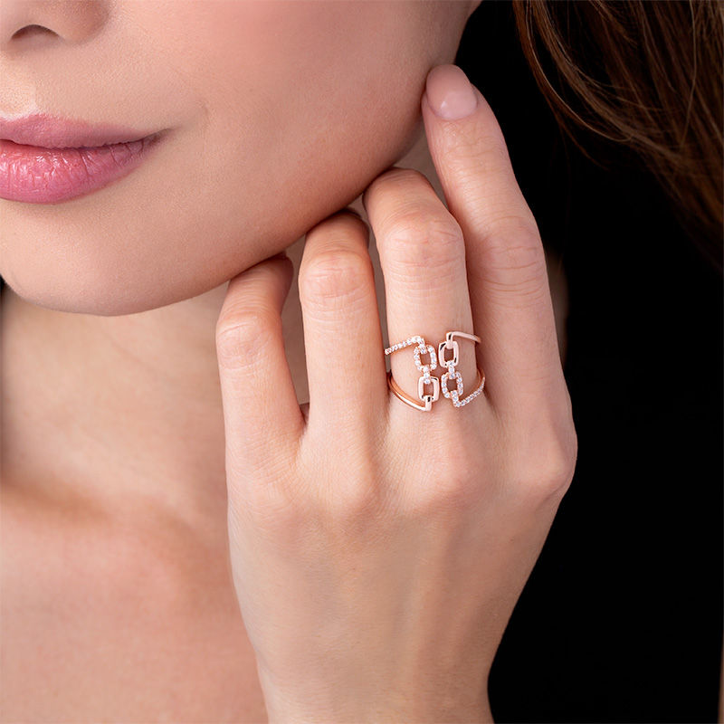 Main Image 3 of 1/4 CT. T.W. Diamond Square Chain Link Open Ring in 10K Rose Gold