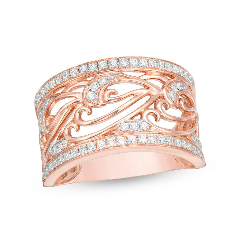 Main Image 1 of 1/3 CT. T.W. Diamond Scroll Ring in 10K Rose Gold