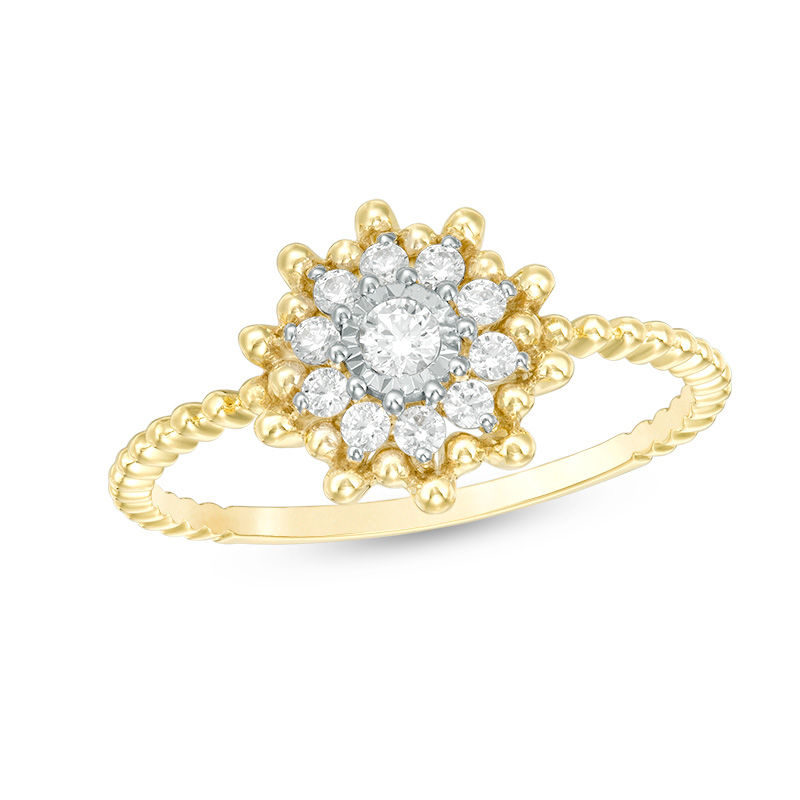 Main Image 1 of 1/5 CT. T.W. Diamond Sunburst Beaded Shank Ring in 10K Two-Tone Gold