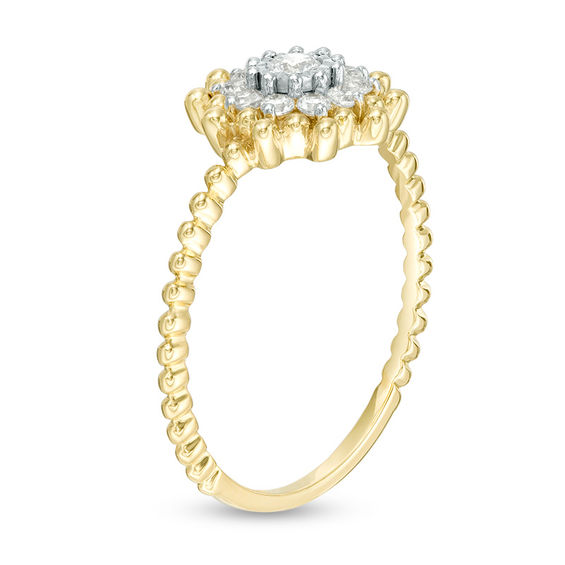 1/5 CT. T.w. Diamond Sunburst Beaded Shank Ring in 10K Two-Tone Gold