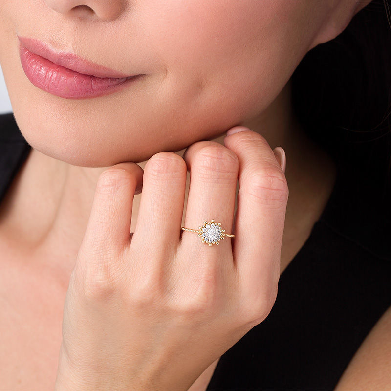 Main Image 3 of 1/5 CT. T.W. Diamond Sunburst Beaded Shank Ring in 10K Two-Tone Gold